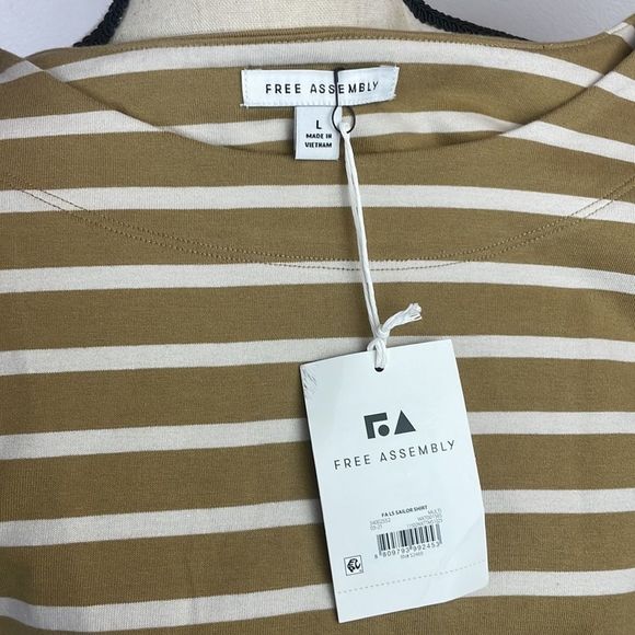 Free Assembly Women's Sailor T-Shirt SZ L Tan/White Stripe Quarter Length Sleeve - Picture 11 of 12